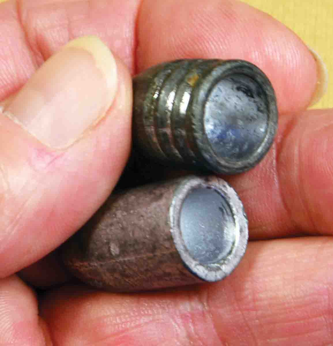 Both the Minié (top) and Pritchard (bottom) bullets have hollow bases. Pressure from expanding gas expands the bullet to grip the rifling.